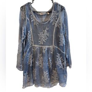 Soft Surroundings Soft Blue Embroidered Silk Florals Boho Peasant Top S